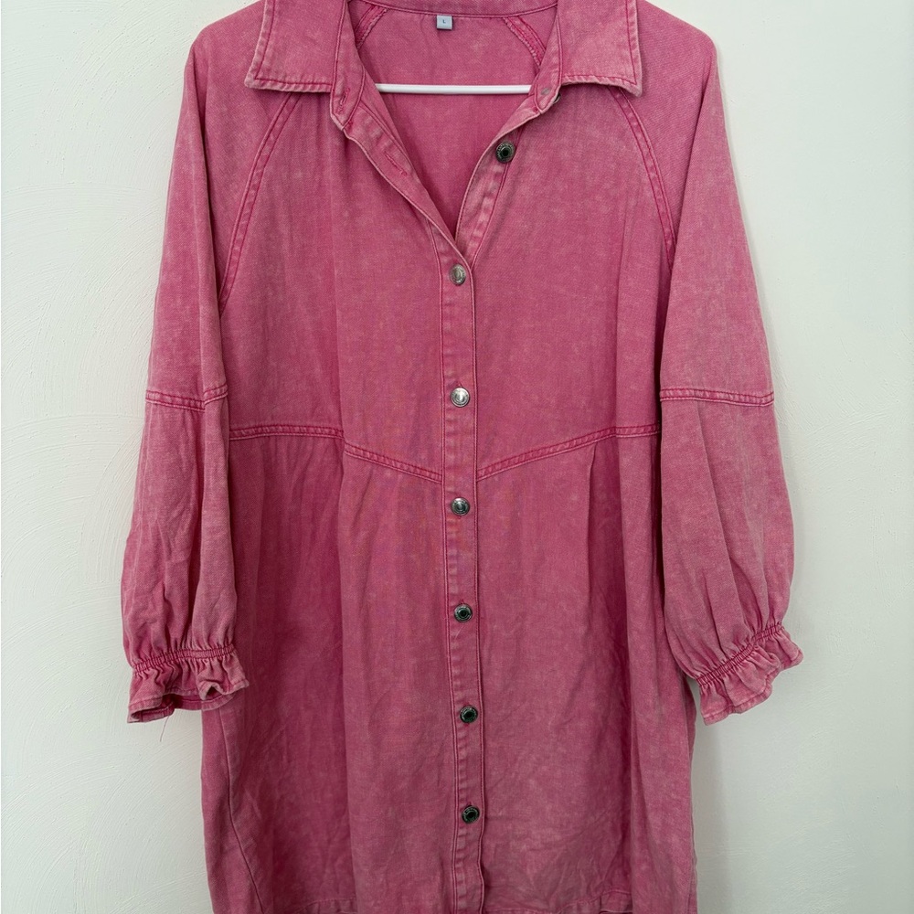 Chic Long Sleeve Button-Up Dress in Rose
